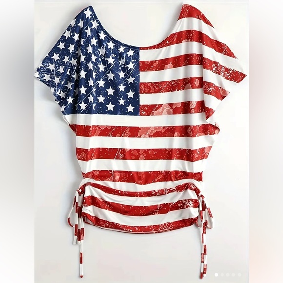 Tops - NWT🇺🇸 PATRIOTIC USA AMERICAN FLAG ANGEL SLEEVE WAIST TIE BLOUSE TOP Women’s XL